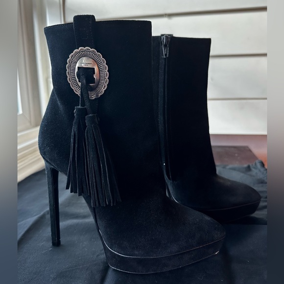 YSL Saint Laurent Janis Western Buckle Concho Ankle Boots Booties Black Suede - Picture 3 of 8